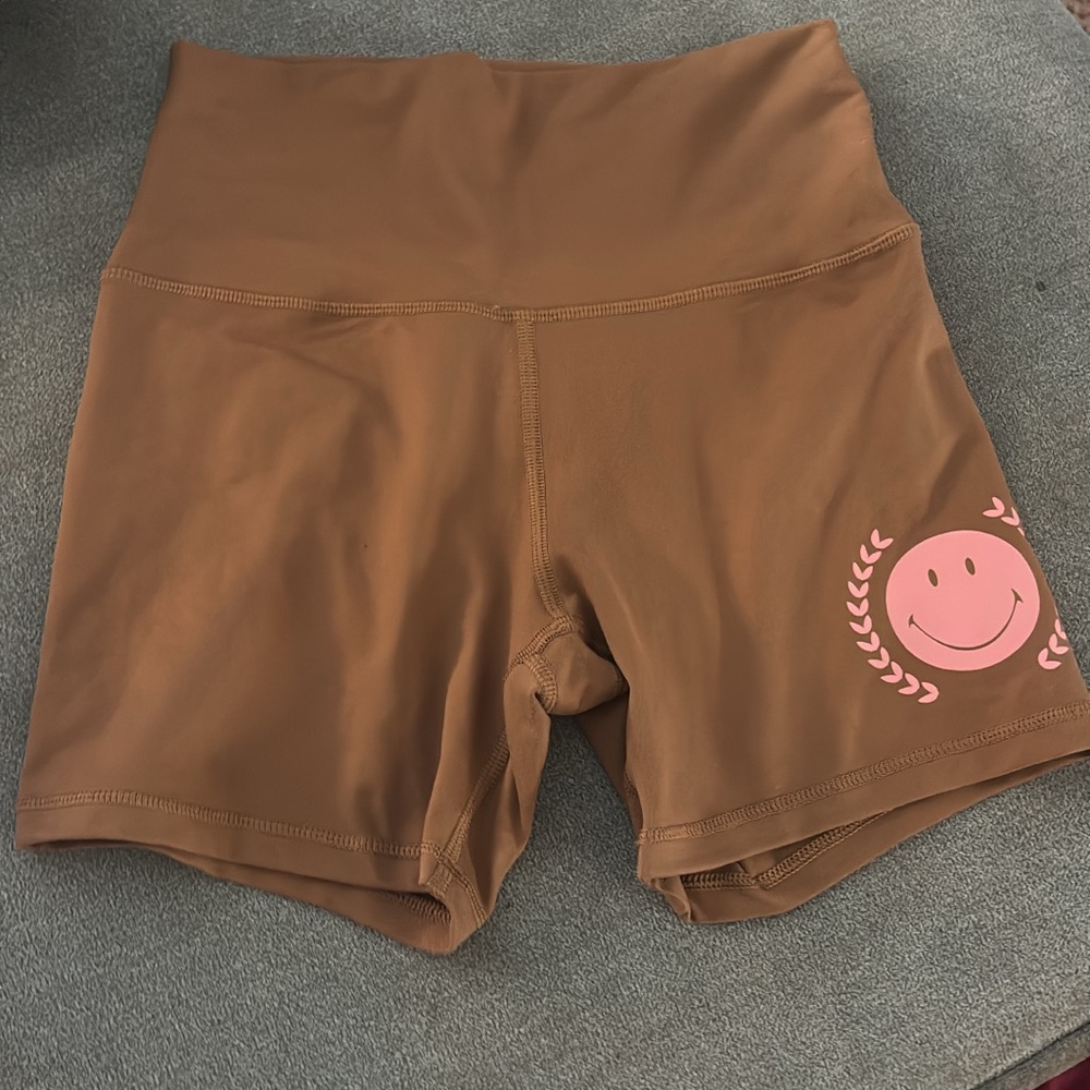 Aerie Brown Bike Shorts with Pink Smiley LIKE NEW!!